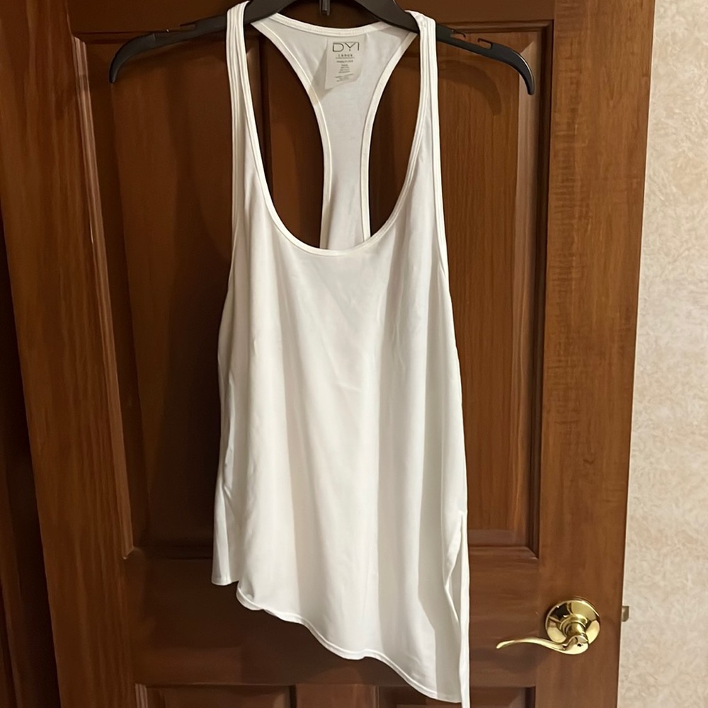 DYI Asymmetrical White Workout Tank, Size Large
